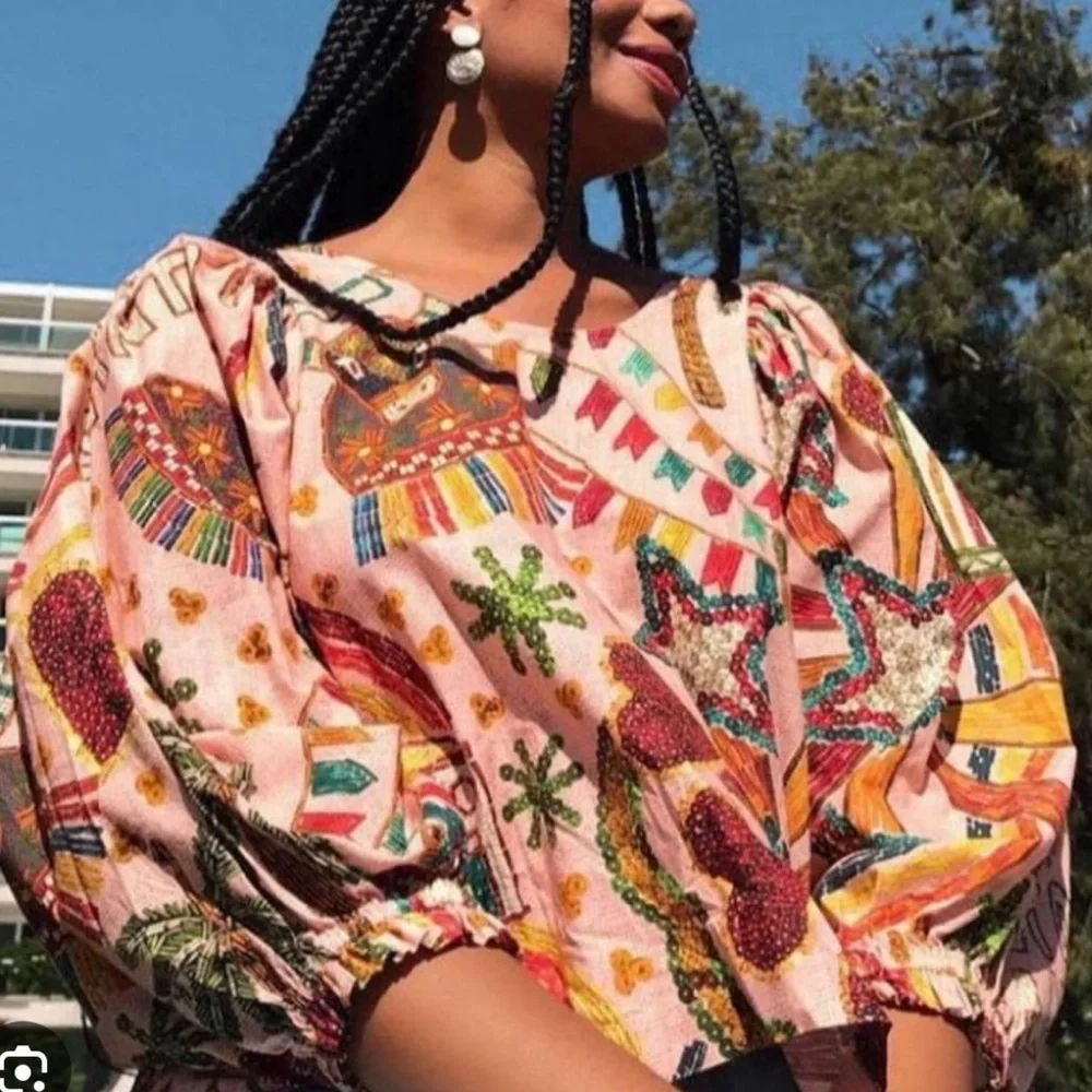 EUC FARM Rio Women's Size G (Med/Large) Printed Blouse Multi Color Puff Sleeves